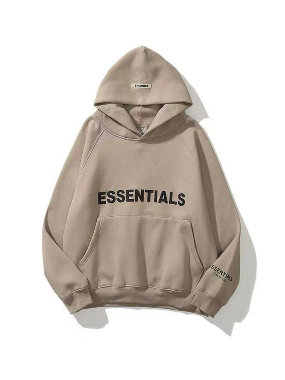 Essentials Unisex Taupe Hoodie with Black Logo Sz S (please read description)
